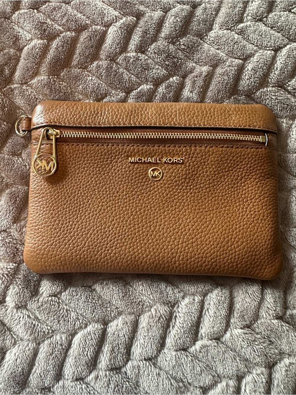 Michael Kors Tan Pebbled Leather Wristlet Clutch with Gold Hardware